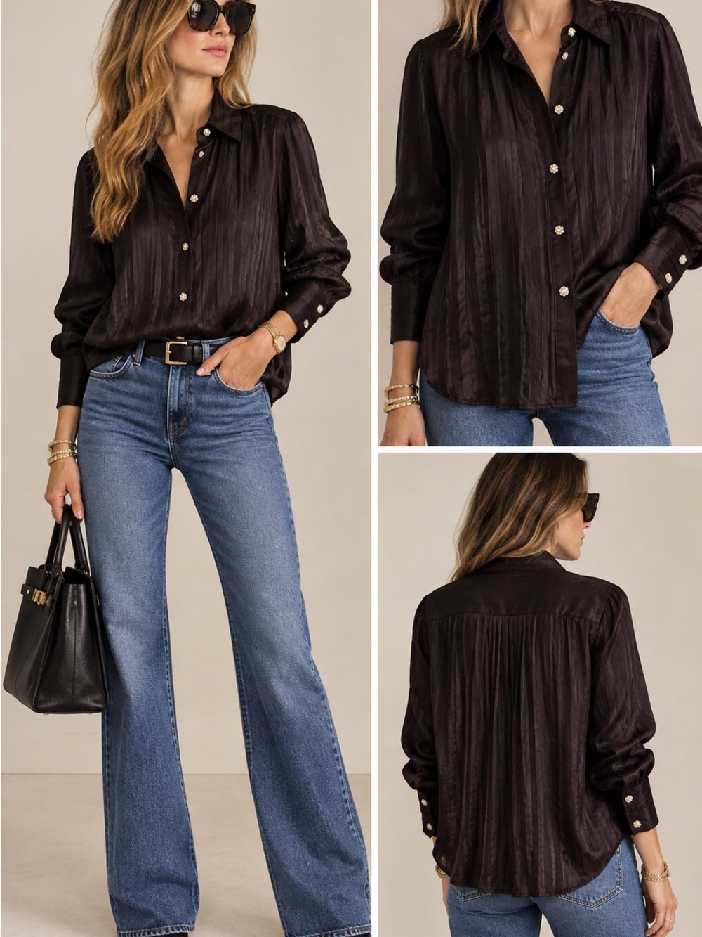 Zara Dark Brown Satin Button-Down Shirt with Gold Buttons Size: XS